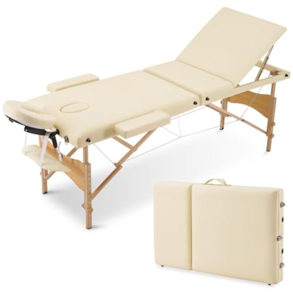 Careboda Table de Massage 3 Section Pliante Cosmetique Lit de Massage Portable, Housse de Transport et Accessoires Complets Inclus, Hauteur Réglable, pour Massage Spa Tatouage Beauté (Beige) – Image 2