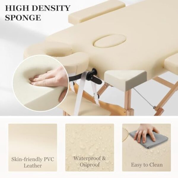 Careboda Table de Massage 3 Section Pliante Cosmetique Lit de Massage Portable, Housse de Transport et Accessoires Complets Inclus, Hauteur Réglable, pour Massage Spa Tatouage Beauté (Beige) – Image 3