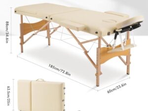 Careboda Table de Massage 3 Section Pliante Cosmetique Lit de Massage Portable, Housse de Transport et Accessoires Complets Inclus, Hauteur Réglable, pour Massage Spa Tatouage Beauté (Beige)