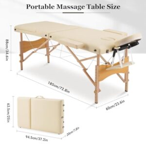Careboda Table de Massage 3 Section Pliante Cosmetique Lit de Massage Portable, Housse de Transport et Accessoires Complets Inclus, Hauteur Réglable, pour Massage Spa Tatouage Beauté (Beige)