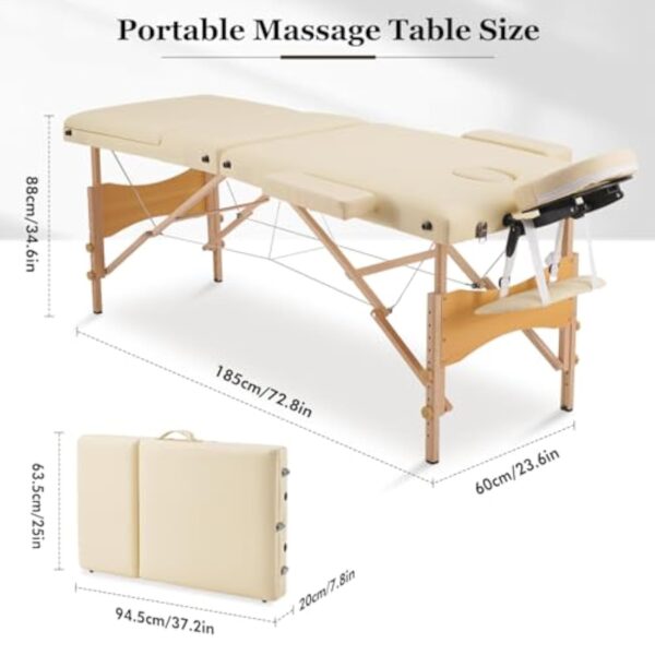 Careboda Table de Massage 3 Section Pliante Cosmetique Lit de Massage Portable, Housse de Transport et Accessoires Complets Inclus, Hauteur Réglable, pour Massage Spa Tatouage Beauté (Beige) – Image 4