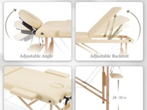Careboda Table de Massage 3 Section Pliante Cosmetique Lit de Massage Portable, Housse de Transport et Accessoires Complets Inclus, Hauteur Réglable, pour Massage Spa Tatouage Beauté (Beige)