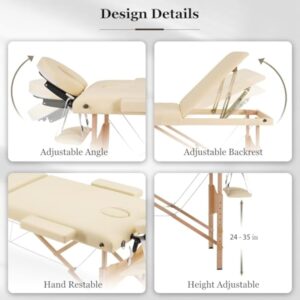 Careboda Table de Massage 3 Section Pliante Cosmetique Lit de Massage Portable, Housse de Transport et Accessoires Complets Inclus, Hauteur Réglable, pour Massage Spa Tatouage Beauté (Beige)