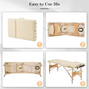 Careboda Table de Massage 3 Section Pliante Cosmetique Lit de Massage Portable, Housse de Transport et Accessoires Complets Inclus, Hauteur Réglable, pour Massage Spa Tatouage Beauté (Beige)