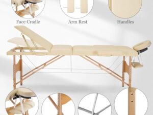 Careboda Table de Massage 3 Section Pliante Cosmetique Lit de Massage Portable, Housse de Transport et Accessoires Complets Inclus, Hauteur Réglable, pour Massage Spa Tatouage Beauté (Beige)