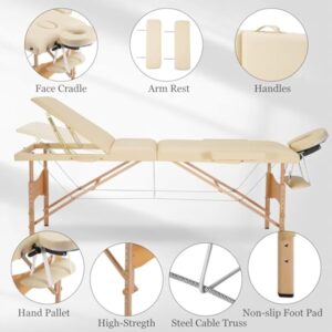 Careboda Table de Massage 3 Section Pliante Cosmetique Lit de Massage Portable, Housse de Transport et Accessoires Complets Inclus, Hauteur Réglable, pour Massage Spa Tatouage Beauté (Beige)