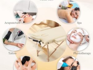 Careboda Table de Massage 3 Section Pliante Cosmetique Lit de Massage Portable, Housse de Transport et Accessoires Complets Inclus, Hauteur Réglable, pour Massage Spa Tatouage Beauté (Beige)