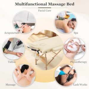 Careboda Table de Massage 3 Section Pliante Cosmetique Lit de Massage Portable, Housse de Transport et Accessoires Complets Inclus, Hauteur Réglable, pour Massage Spa Tatouage Beauté (Beige)