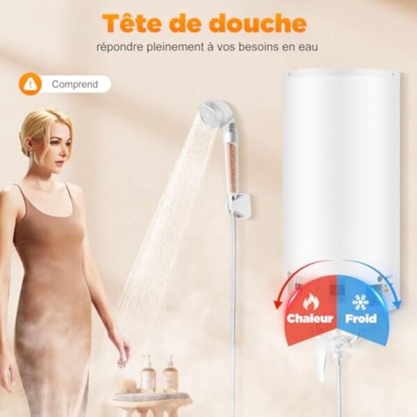 Chauffe-Eau Puissant Instantané Chauffe-eau Électrique à Réservoir Température Réglable Réservoir d'eau chaude murale 80L Pomme de Douche Salle de Bain 220V 2KW (50L) – Image 3