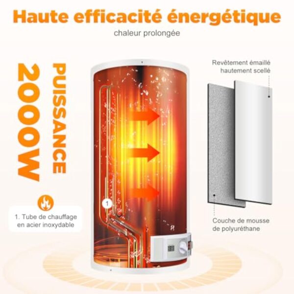 Chauffe-Eau Puissant Instantané Chauffe-eau Électrique à Réservoir Température Réglable Réservoir d'eau chaude murale 80L Pomme de Douche Salle de Bain 220V 2KW (50L) – Image 7