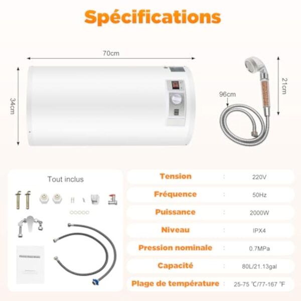 Chauffe-Eau éLectrique Appareil Avec Kit De Douche Chauffe Eau Instantané Electrique Ballon D'Eau Chaude Chaudiere Electrique Pour Douche,Salle De Bain (80L) – Image 3
