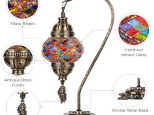DEMMEX Lampe turque authentique, fabriquée en Turquie, lampe de chevet en mosaïque marocaine turque, 100% fabriquée à la main, corps en métal couleur laiton antique et base en métal décorée,