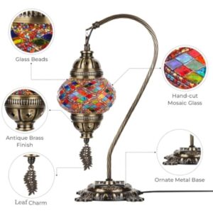DEMMEX Lampe turque authentique, fabriquée en Turquie, lampe de chevet en mosaïque marocaine turque, 100% fabriquée à la main, corps en métal couleur laiton antique et base en métal décorée,
