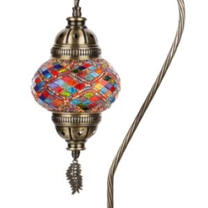 DEMMEX Lampe turque authentique, fabriquée en Turquie, lampe de chevet en mosaïque marocaine turque, 100% fabriquée à la main, corps en métal couleur laiton antique et base en métal décorée,