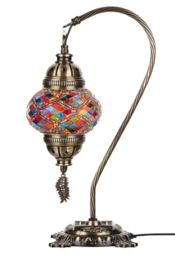 DEMMEX Lampe turque authentique, fabriquée en Turquie, lampe de chevet en mosaïque marocaine turque, 100% fabriquée à la main, corps en métal couleur laiton antique et base en métal décorée, – Image 8