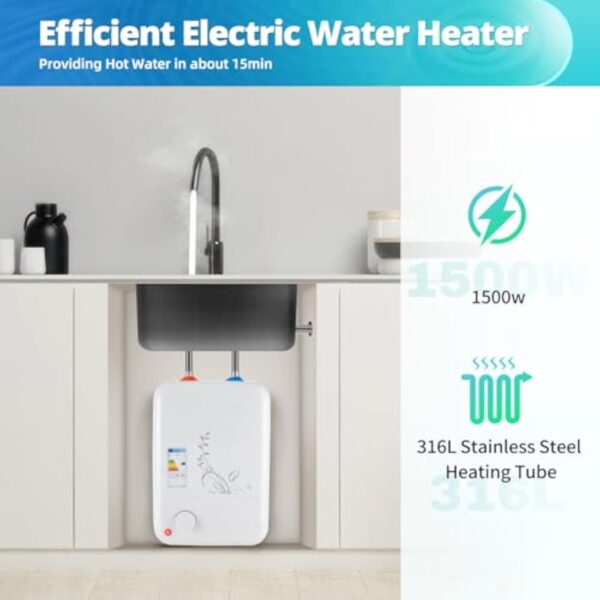 EU CE 8 l - Chauffe-eau électrique - 220 V - 1,5 kW - Petit chauffe-eau instantané sans pression avec eau chaude jusqu'à 75 °C - Pour lavabo, salle de bain, évier de cuisine (23 x 21 x 36 cm) – Image 4