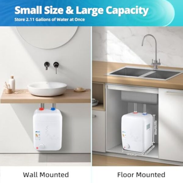 EU CE 8 l - Chauffe-eau électrique - 220 V - 1,5 kW - Petit chauffe-eau instantané sans pression avec eau chaude jusqu'à 75 °C - Pour lavabo, salle de bain, évier de cuisine (23 x 21 x 36 cm) – Image 6