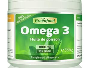 Greenfood Huile de poisson oméga 3, 1000 mg, dose extra élevée, 240 gélules - contribue au fonctionnement normal du cerveau. Sans additifs artificiels. Sans génie génétique.