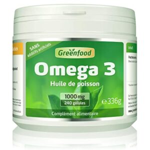 Greenfood Huile de poisson oméga 3, 1000 mg, dose extra élevée, 240 gélules - contribue au fonctionnement normal du cerveau. Sans additifs artificiels. Sans génie génétique.