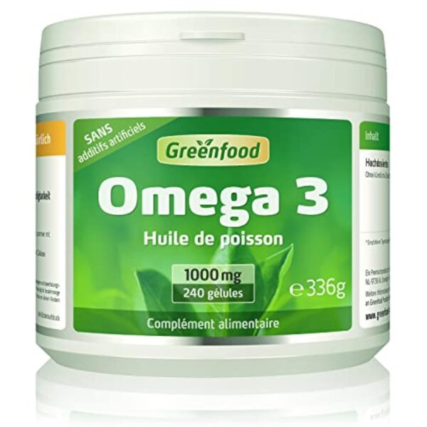 Greenfood Huile de poisson oméga 3, 1000 mg, dose extra élevée, 240 gélules - contribue au fonctionnement normal du cerveau. Sans additifs artificiels. Sans génie génétique.