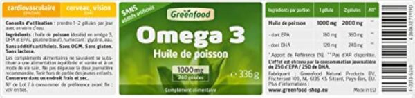 Greenfood Huile de poisson oméga 3, 1000 mg, dose extra élevée, 240 gélules - contribue au fonctionnement normal du cerveau. Sans additifs artificiels. Sans génie génétique. – Image 3