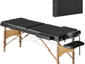 HOMCOM Table de massage pliante portable Table de massage professionnelle en bois à 3 zones avec hauteur réglable Appui-tête réglable Accoudoirs rembourrés pour Spa Cils Tatouages 215x60x64-89 cm Noir