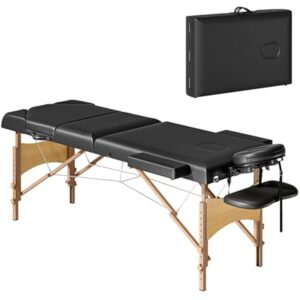HOMCOM Table de massage pliante portable Table de massage professionnelle en bois à 3 zones avec hauteur réglable Appui-tête réglable Accoudoirs rembourrés pour Spa Cils Tatouages 215x60x64-89 cm Noir