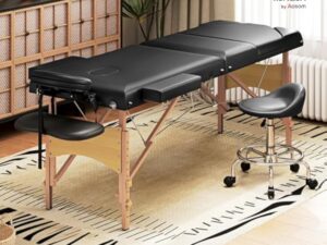 HOMCOM Table de massage pliante portable Table de massage professionnelle en bois à 3 zones avec hauteur réglable Appui-tête réglable Accoudoirs rembourrés pour Spa Cils Tatouages 215x60x64-89 cm Noir