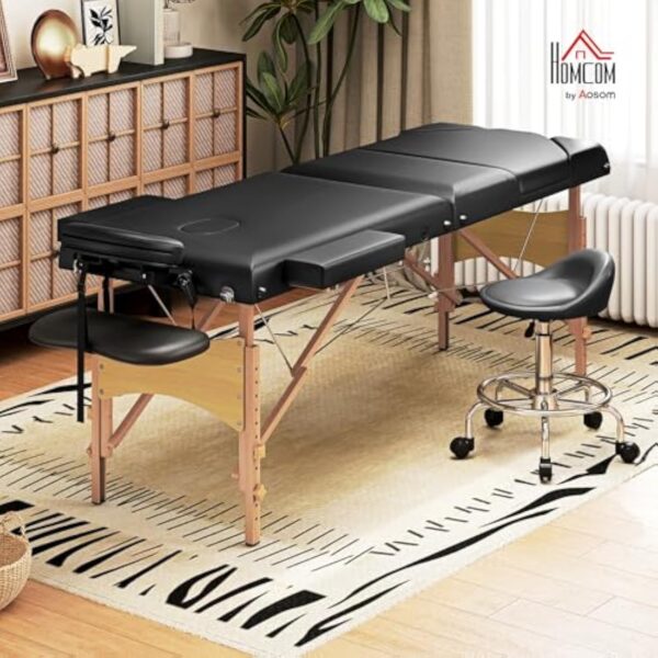 HOMCOM Table de massage pliante portable Table de massage professionnelle en bois à 3 zones avec hauteur réglable Appui-tête réglable Accoudoirs rembourrés pour Spa Cils Tatouages 215x60x64-89 cm Noir – Image 3