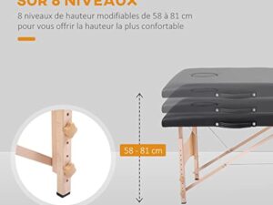 HOMCOM Table de Massage Pliante lit Table de beauté 2 Zones Portable Sac de tranport Inclus Hauteur réglable dim. 186L x 60l x 58-81H cm Bois Massif revêtement synthétique Noir