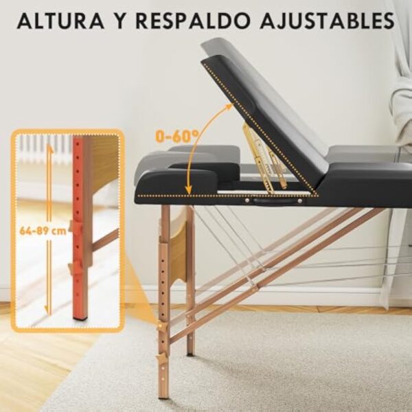 HOMCOM Table de massage pliante portable Table de massage professionnelle en bois à 3 zones avec hauteur réglable Appui-tête réglable Accoudoirs rembourrés pour Spa Cils Tatouages 215x60x64-89 cm Noir – Image 4