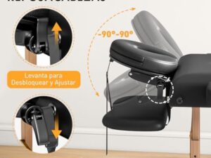 HOMCOM Table de massage pliante portable Table de massage professionnelle en bois à 3 zones avec hauteur réglable Appui-tête réglable Accoudoirs rembourrés pour Spa Cils Tatouages 215x60x64-89 cm Noir