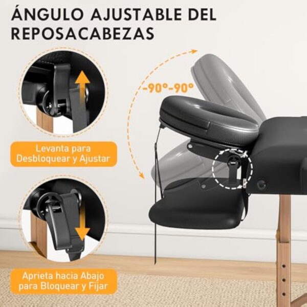 HOMCOM Table de massage pliante portable Table de massage professionnelle en bois à 3 zones avec hauteur réglable Appui-tête réglable Accoudoirs rembourrés pour Spa Cils Tatouages 215x60x64-89 cm Noir – Image 5
