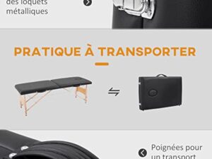HOMCOM Table de Massage Pliante lit Table de beauté 2 Zones Portable Sac de tranport Inclus Hauteur réglable dim. 186L x 60l x 58-81H cm Bois Massif revêtement synthétique Noir
