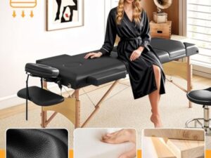 HOMCOM Table de massage pliante portable Table de massage professionnelle en bois à 3 zones avec hauteur réglable Appui-tête réglable Accoudoirs rembourrés pour Spa Cils Tatouages 215x60x64-89 cm Noir