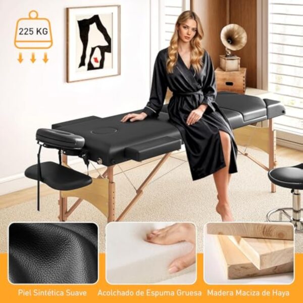 HOMCOM Table de massage pliante portable Table de massage professionnelle en bois à 3 zones avec hauteur réglable Appui-tête réglable Accoudoirs rembourrés pour Spa Cils Tatouages 215x60x64-89 cm Noir – Image 7