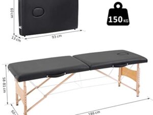 HOMCOM Table de Massage Pliante lit Table de beauté 2 Zones Portable Sac de tranport Inclus Hauteur réglable dim. 186L x 60l x 58-81H cm Bois Massif revêtement synthétique Noir