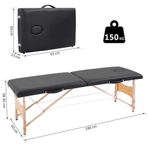 HOMCOM Table de Massage Pliante lit Table de beauté 2 Zones Portable Sac de tranport Inclus Hauteur réglable dim. 186L x 60l x 58-81H cm Bois Massif revêtement synthétique Noir – Image 8