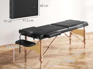 HOMCOM Table de massage pliante portable Table de massage professionnelle en bois à 3 zones avec hauteur réglable Appui-tête réglable Accoudoirs rembourrés pour Spa Cils Tatouages 215x60x64-89 cm Noir