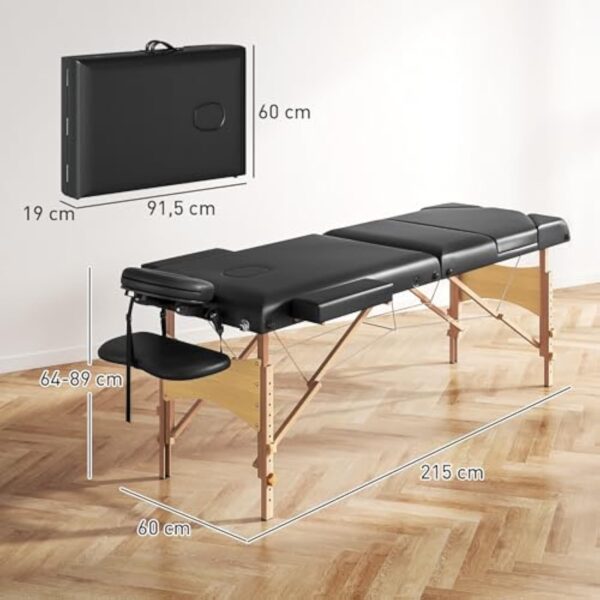 HOMCOM Table de massage pliante portable Table de massage professionnelle en bois à 3 zones avec hauteur réglable Appui-tête réglable Accoudoirs rembourrés pour Spa Cils Tatouages 215x60x64-89 cm Noir – Image 8