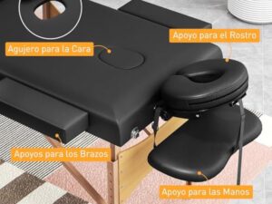 HOMCOM Table de massage pliante portable Table de massage professionnelle en bois à 3 zones avec hauteur réglable Appui-tête réglable Accoudoirs rembourrés pour Spa Cils Tatouages 215x60x64-89 cm Noir