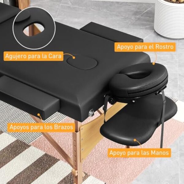HOMCOM Table de massage pliante portable Table de massage professionnelle en bois à 3 zones avec hauteur réglable Appui-tête réglable Accoudoirs rembourrés pour Spa Cils Tatouages 215x60x64-89 cm Noir – Image 9