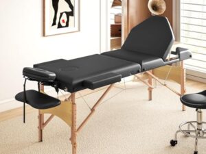 HOMCOM Table de massage pliante portable Table de massage professionnelle en bois à 3 zones avec hauteur réglable Appui-tête réglable Accoudoirs rembourrés pour Spa Cils Tatouages 215x60x64-89 cm Noir