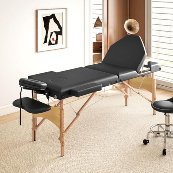 HOMCOM Table de massage pliante portable Table de massage professionnelle en bois à 3 zones avec hauteur réglable Appui-tête réglable Accoudoirs rembourrés pour Spa Cils Tatouages 215x60x64-89 cm Noir – Image 10