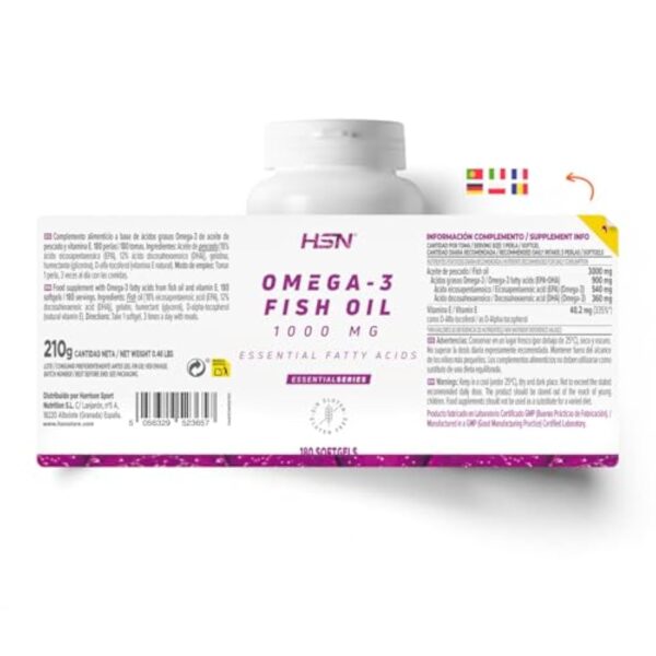HSN Oméga 3 3000mg Huile de Poisson 540mg EPA 360mg DHA par Dose Quotidienne | 180 Capsules | Avec Vitamine E | Sans Contaminants ni Oxydation | Sans Odeur ni Saveur | Non-OGM, Sans Gluten ni Lactose – Image 3