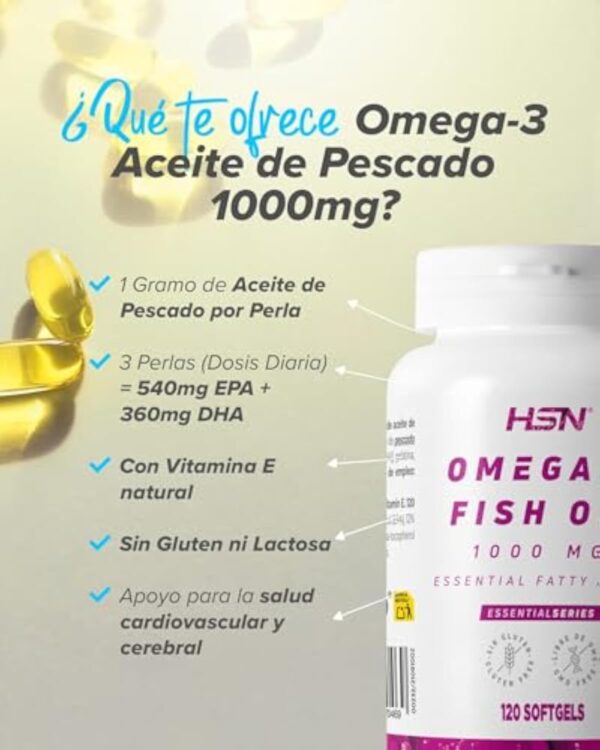 HSN Oméga 3 3000mg Huile de Poisson 540mg EPA 360mg DHA par Dose Quotidienne | 180 Capsules | Avec Vitamine E | Sans Contaminants ni Oxydation | Sans Odeur ni Saveur | Non-OGM, Sans Gluten ni Lactose – Image 7