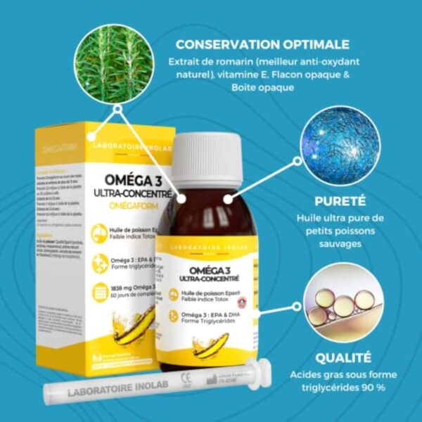 INOLAB Omega 3 Huile poisson sauvage 2297mg ultra concentrée DHA EPA/Format Economique/Enfants & adultes (Pipette graduée) 2 à 10 mois/Qualité pureté Epax®, faible indice Totox/goût Citron naturel – Image 3