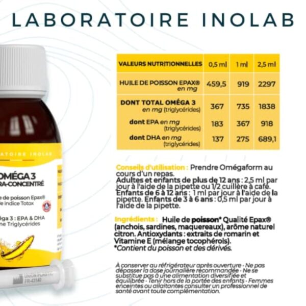 INOLAB Omega 3 Huile poisson sauvage 2297mg ultra concentrée DHA EPA/Format Economique/Enfants & adultes (Pipette graduée) 2 à 10 mois/Qualité pureté Epax®, faible indice Totox/goût Citron naturel – Image 7