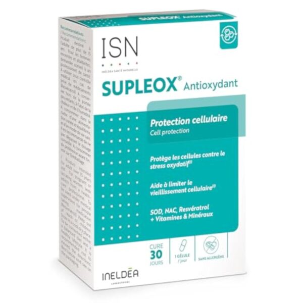 ISN - Supleox® Antioxydant - A base de Resvératrol, NAC, SOD, vitamines C & E - Aide à protéger les cellules contre le stress oxydatif - Cure 30 jours
