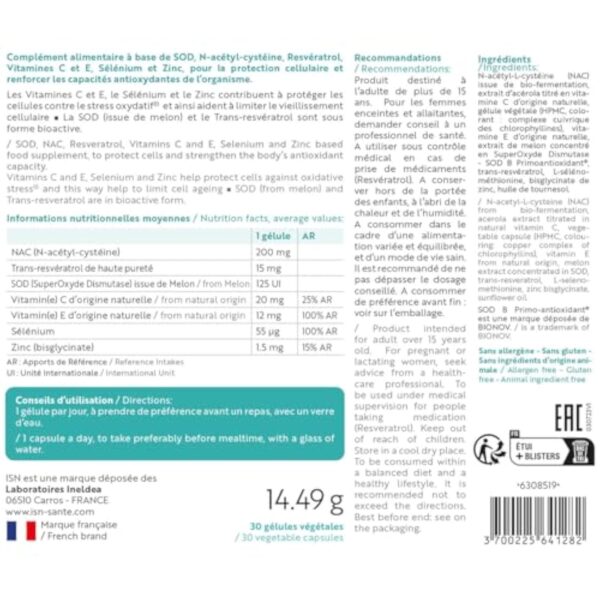 ISN - Supleox® Antioxydant - A base de Resvératrol, NAC, SOD, vitamines C & E - Aide à protéger les cellules contre le stress oxydatif - Cure 30 jours – Image 3